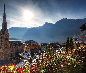 Hallstatt, Austria, Domy, Góry, Alpy Salzburskie, Kościół pw. Wniebowzięcia Matki Bożej, Jezioro Hallstättersee