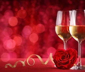 Wino, Rozmyte tło, Wstążka, Róża, Kieliszki