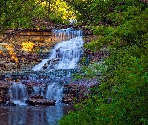 Drzewa, Skały, Stan Kansas, Stany Zjednoczone, Wodospad Prather Creek Falls, Las