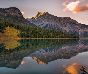 Kolumbia Brytyjska, Kanada, Odbicie, Jezioro Emerald Lake, Góry, Świerki, Park Narodowy Yoho