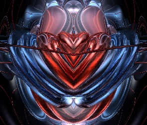 Serca, Abstrakcja, Grafika 3D, Czerwono-niebieska