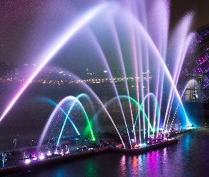 Oświetlenie, Pływająca scena Yeouido Floating Stage, Seul, Kolory, Fontanna, Korea Południowa, Rzeka Han-gang