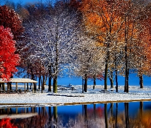 Śnieg, Altanka, Drzewa, Park, Jesień