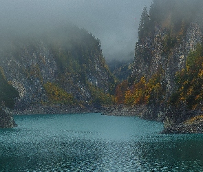 Jesień, Mgła, Jezioro, Góry