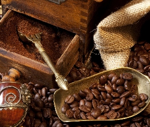 Worek, Fajka, Ziarna, Łopatka, Zegarek, Kawa, Młynek