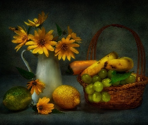 Kwiaty, Koszyk, Kompozycja, Owoce, Winogrona, Dzbanek, Cytryny, Banany
