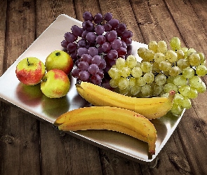 Owoce, Jabłka, Deski, Banany, Talerz, Winogrona