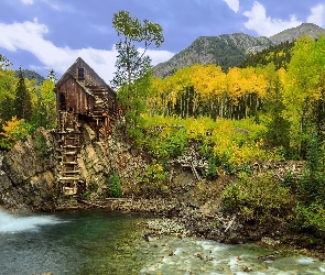 Stany Zjednoczone, Drzewa, Wodospad, Jesień, Wzgórza, Kryształowy Młyn - Crystal Mill, Kolorado, Hrabstwo Gunnison, Rzeka Crystal River