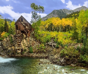 Hrabstwo Gunnison, Kryształowy Młyn - Crystal Mill, Kolorado, Stany Zjednoczone, Jesień, Wzgórza, Wodospad, Drzewa, Rzeka Crystal River