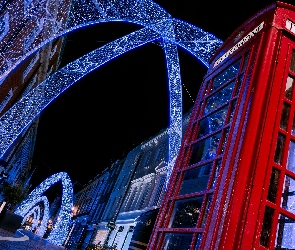Londyn, Domy, Anglia, Ulica South Molton Street, Dekoracja, Dzielnica Mayfair, Świąteczna, Budka telefoniczna