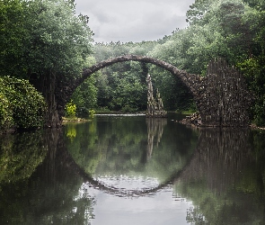 Saksonia, Niemcy, Odbicie, Kamienny, Most łukowy, Jezioro Rakotz, Park Rododendronów Kromlau