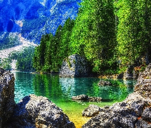 Góry, Jezioro, Region Trydent-Górna Adyga, Lasy, Skały, Włochy, Jezioro Braies - Pragser Wildsee