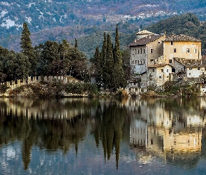 Włochy, Drzewa, Jezioro Toblino, Zamek Toblino, Region Trydent-Górna Adyga