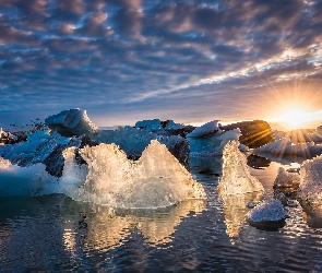 Islandia, Promienie Słońca, Lód, Jezioro Jökulsárlón