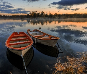 Łódki, Zachód słońca, Lasy, Kaczki, Jezioro