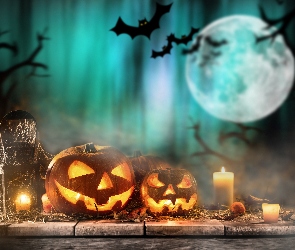 Lampion, Księżyc, Dynie, Halloween, Świece, Nietoperze