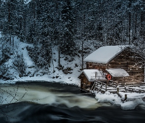 Kuusamo, Młyn Myllykoski, Laponia, Finlandia, Drzewa, Rzeka, Zima, Las, Park Narodowy Oulanka