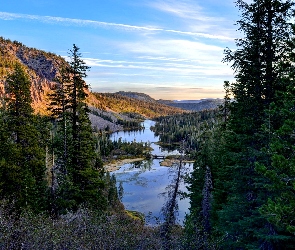 Góry, Jeziora Twin Lakes, Kalifornia, Świerki, Góra Mammoth Mountain, Stany Zjednoczone, Hrabstwo Mono