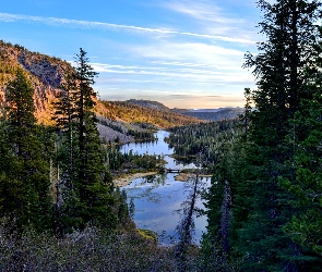 Góry, Jeziora Twin Lakes, Kalifornia, Świerki, Góra Mammoth Mountain, Stany Zjednoczone, Hrabstwo Mono