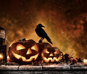 Dynie, Ptak, Lampion, Świece, Halloween