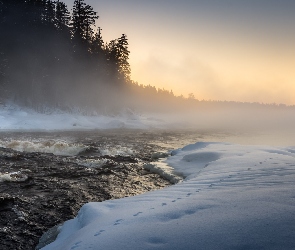 Karelia Północna, Rzeka Neitikoski Rapid, Finlandia, Ruunaa, Mgła, Miasto Lieksa, Drzewa, Zima