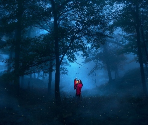 Drzewa, Kobieta, Lampa, Mgła, Las