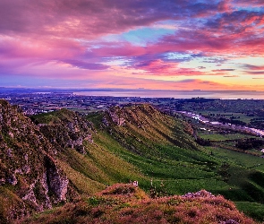 Góry, Wzgórza, Region Hawkes Bay, Wschód słońca, Góry Te Mata Peak, Nowa Zelandia, Rzeka Tukituki River