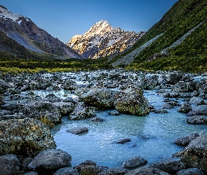 Nowa Zelandia, Rzeka Hooker, Kamienie, Góra Cooka - Mount Cook, Góry, Park Narodowy Góry Cooka