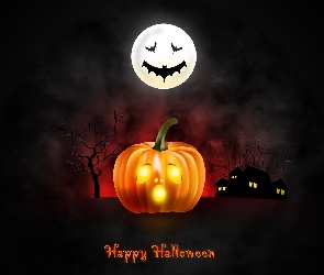 Noc, Domki, Rozświetlona, Księżyc, Napis, Halloween, Dynia