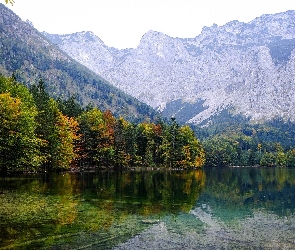Gmina Ebensee, Austria, Odbicie, Góry, Jezioro Hinterer Langbathsee, Drzewa, Jesień