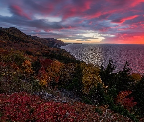 Nowa Szkocja, Kanada, Zachód słońca, Jesień, Wzgórza, Drzewa, Park Narodowy Cape Breton Highlands