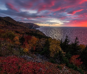 Drzewa, Wzgórza, Nowa Szkocja, Zachód słońca, Jesień, Kanada, Park Narodowy Cape Breton Highlands