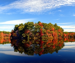 Jesień, Drzewa, Stan Massachusetts, Stany Zjednoczone, Walpole, jezioro Turner Pond