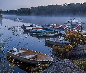 Rzeka, Pomost, Mgła, Łódki, Brzeg