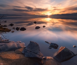 Norwegia, Wschód Słońca, Kamienie, Jezioro Tyrifjorden