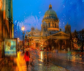 Kobieta, Budynki, Petersburg, Parasol, Ulica, Rosja, Deszcz