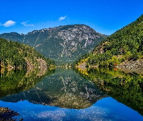 Drzewa, Jezioro Diablo, Stan Waszyngton, Odbicie, Góry, Stany Zjednoczone, Park Narodowy Północnych Gór Kaskadowych