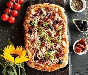 Przyprawy, Słonecznik, Kwiat, Pomidory, Pizza