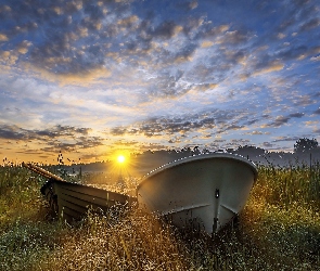 Dwie, Trawa, Promienie słońca, Łódki