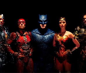 Ezra Miller - Flash, Jason Momoa - Aquaman, Obsada, Gal Gadot - Wonder Woman, Ben Affleck - Batman, Liga Sprawiedliwości - Justice League, Ray Fisher - Cyborg