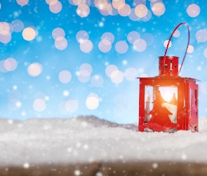 Świąteczny, Bokeh, Śnieg, Lampion, Czerwony