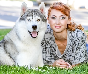 Pies, Uśmiech, Kobieta, Siberian husky