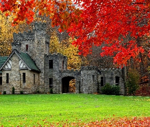 Jesień, Squires Castle - Zamek Giermka, Stan Ohio, Drzewa, Park North Chagrin Reservation, Stany Zjednoczone, Miasto Willoughby Hills