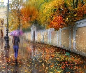 Ulica, Budynek, Deszcz, Kobieta, Parasolka, Mur