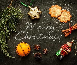 Merry Christmas, Boże Narodzenie, Kompozycja, Ciastka, Bombki, Pomarańcza, Cynamon, Życzenia