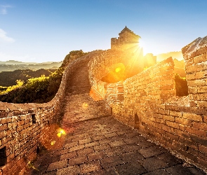Wielki Mur Chiński, Góry, Promienie, Wschód słońca, Chiny