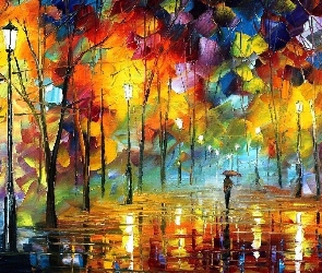 Drzewa, Leonid Afremov, Reprodukcja obrazu, Jesień, Postać, Aleja, Parasol, Deszcz