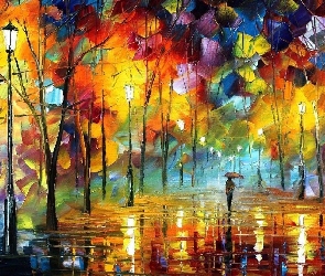 Leonid Afremov, Aleja, Reprodukcja obrazu, Drzewa, Parasol, Deszcz, Jesień, Postać