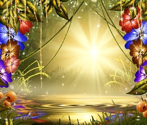 Staw, Kwiaty, Grafika 2D, Promienie słońca