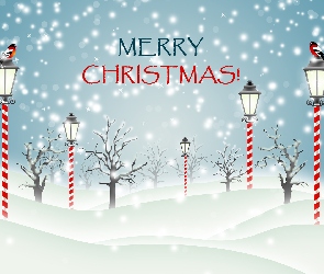 Merry Christmas, Napis, Latarnie, 2D, Śnieg, Drzewa, Ptaki